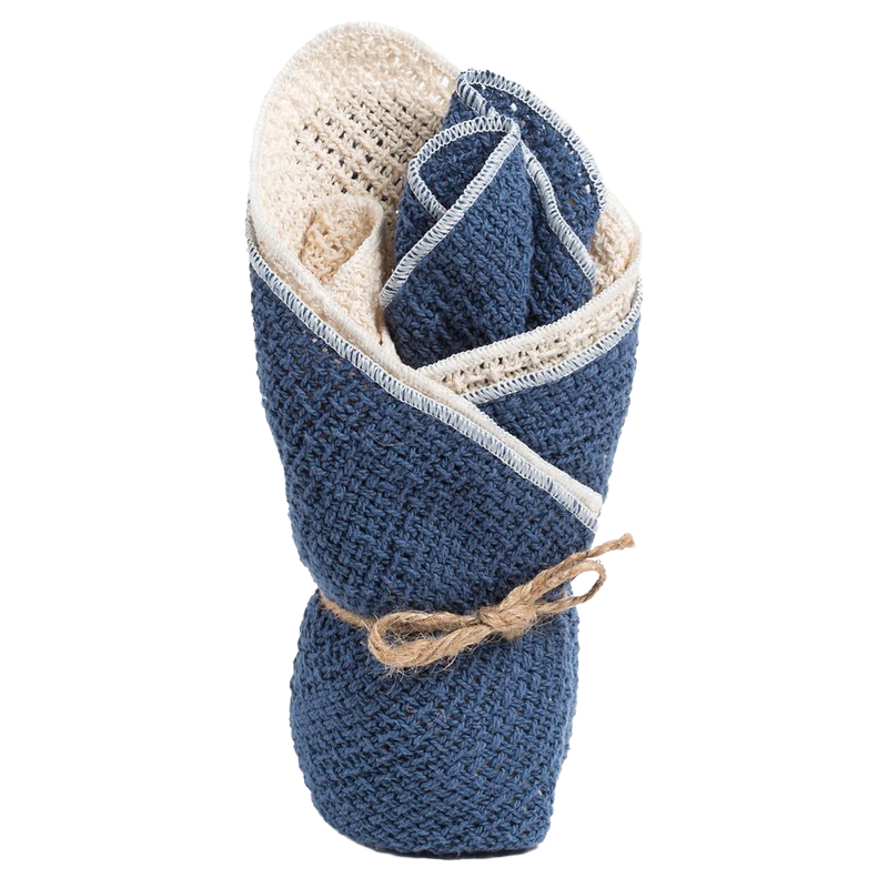 Set of textured cotton dishcloths in navy blue and natural cream tones, tied with a rustic twine bow, perfect for Kitchen & Food, Kitchen Textiles, USA Made, and Best Sellers collections.