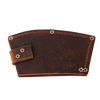Handmade full-grain American leather axe blade guard in deep brown, featuring secure snap closure, designed for farm and garden tools, USA made, Amish crafted, best seller accessory.