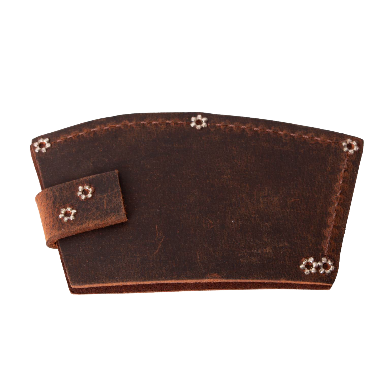 Handmade full-grain American leather axe blade guard in deep brown, featuring secure snap closure, designed for farm and garden tools, USA made, Amish crafted, best seller accessory.