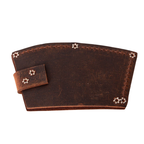 Handmade full-grain American leather axe blade guard in deep brown, featuring secure snap closure, designed for farm and garden tools, USA made, Amish crafted, best seller accessory.
