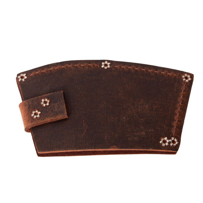 Handmade full-grain American leather axe blade guard in deep brown, featuring secure snap closure, designed for farm and garden tools, USA made, Amish crafted, best seller accessory.