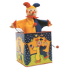 Colorful handcrafted musical jack-in-the-box toy with a bright jester figure popping out of a painted tin box, perfect for indoor play and children's toys collections.