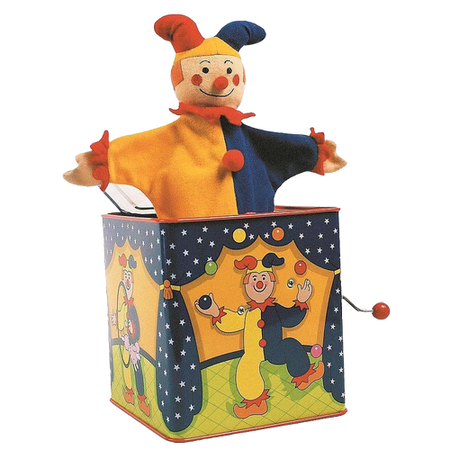 Colorful handcrafted musical jack-in-the-box toy with a bright jester figure popping out of a painted tin box, perfect for indoor play and children's toys collections.