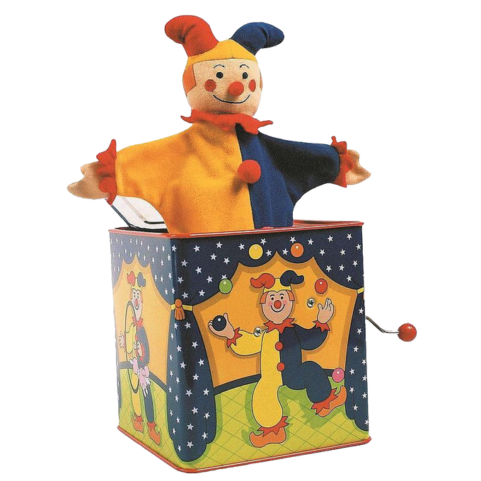Colorful handcrafted musical jack-in-the-box toy with a bright jester figure popping out of a painted tin box, perfect for indoor play and children's toys collections.