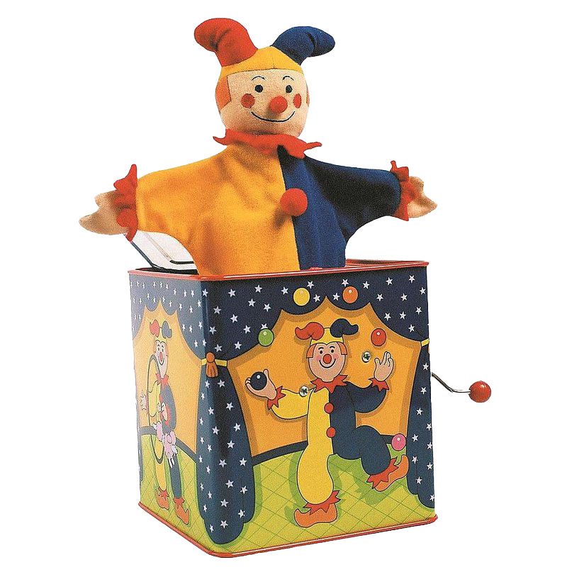 Colorful handcrafted musical jack-in-the-box toy with a bright jester figure popping out of a painted tin box, perfect for indoor play and children's toys collections.
