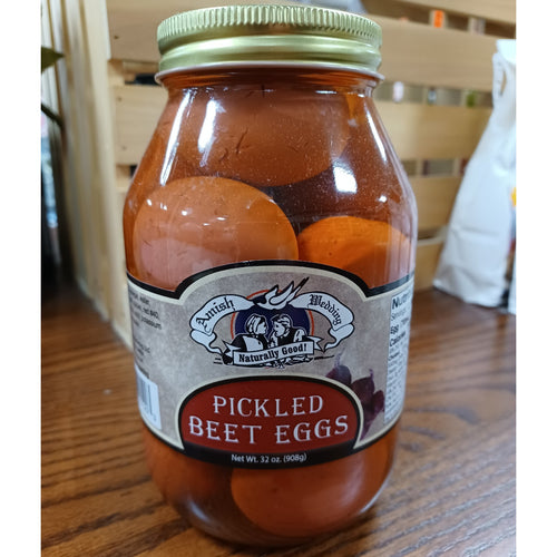 Clear glass jar of handcrafted pickled beet eggs in rich red brine with vintage-style label and metal lid, made in USA, ideal for Kitchen & Food, Pantry, USA Made, Best Sellers, and Promo Eligible collections.