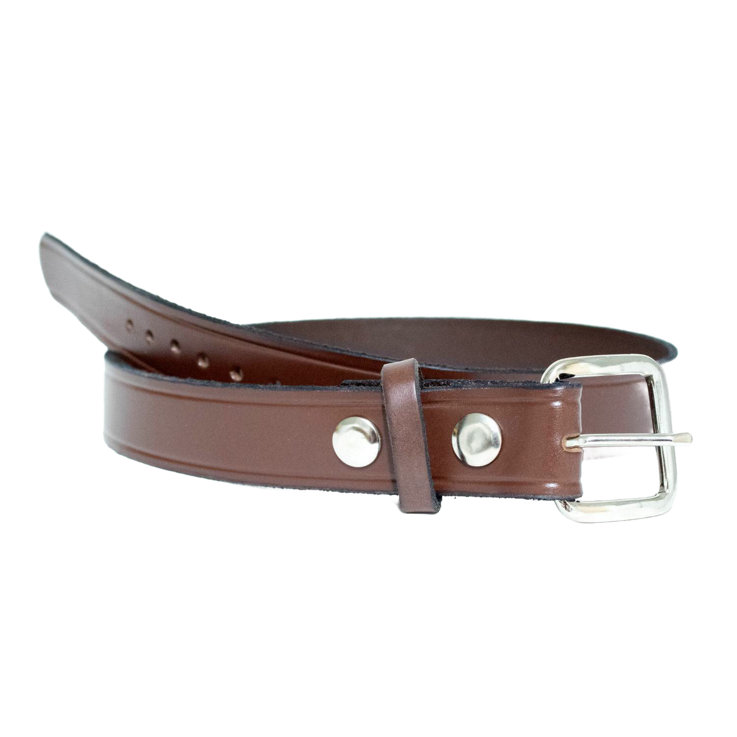 Handcrafted Amish-made genuine cowhide leather belt in brown, 1-1/4 inches wide with polished chrome buckle and snap fasteners, featured in Health & Wellness, USA Made, Amish Made collections.