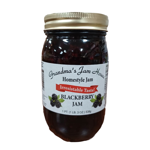 Jar of handcrafted blackberry jam with gold lid and white label featuring blackberries, made in USA, included in Kitchen & Food, Pantry, Food, Peanut Butter & Jellies, Best Sellers, and Promo Eligible collections.