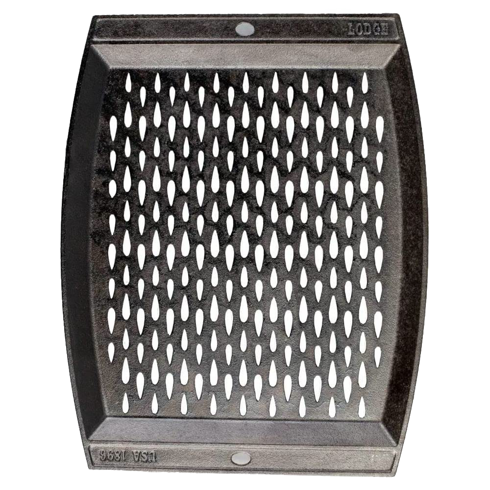 Handcrafted cast iron grill topper pan with signature teardrop perforations for enhanced grilling flavor, made in USA, featured in Kitchen & Food, Cast Iron, and Cookware collections.