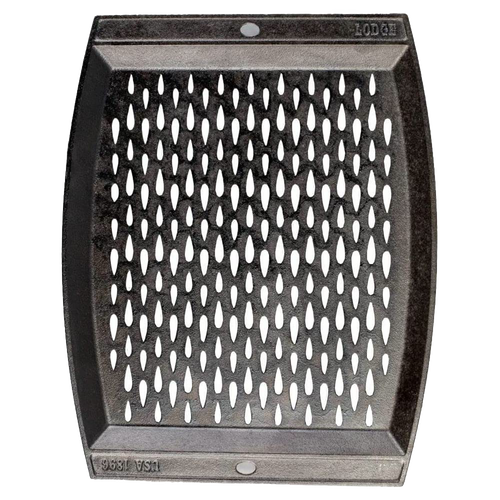 Handcrafted cast iron grill topper pan with signature teardrop perforations for enhanced grilling flavor, made in USA, featured in Kitchen & Food, Cast Iron, and Cookware collections.