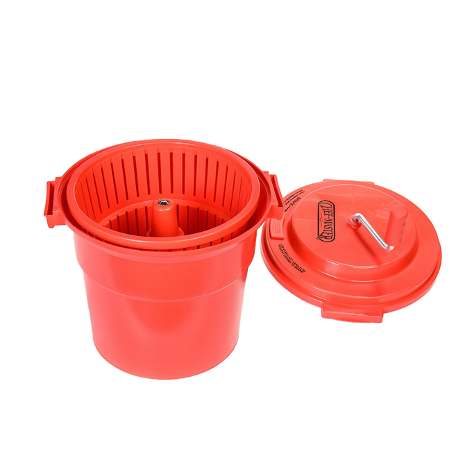 Bright orange hand-powered wringer with removable lid and crank handle, designed for quick clothes spinning, featured in Home & Decor, Laundry Supplies, and Best Sellers collections.