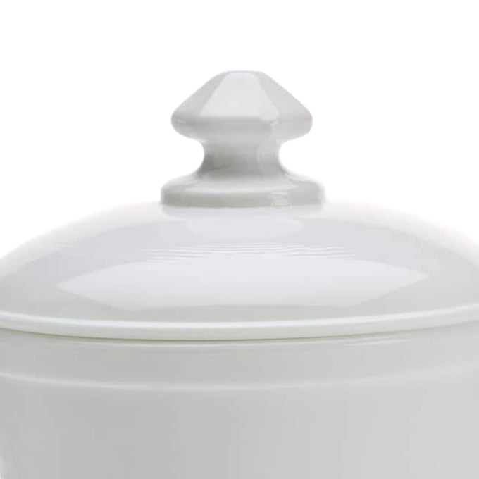 Close-up of a handcrafted milk glass butter tub lid with a decorative knob, part of Kitchen & Food, Dinnerware, and USA Made collections.