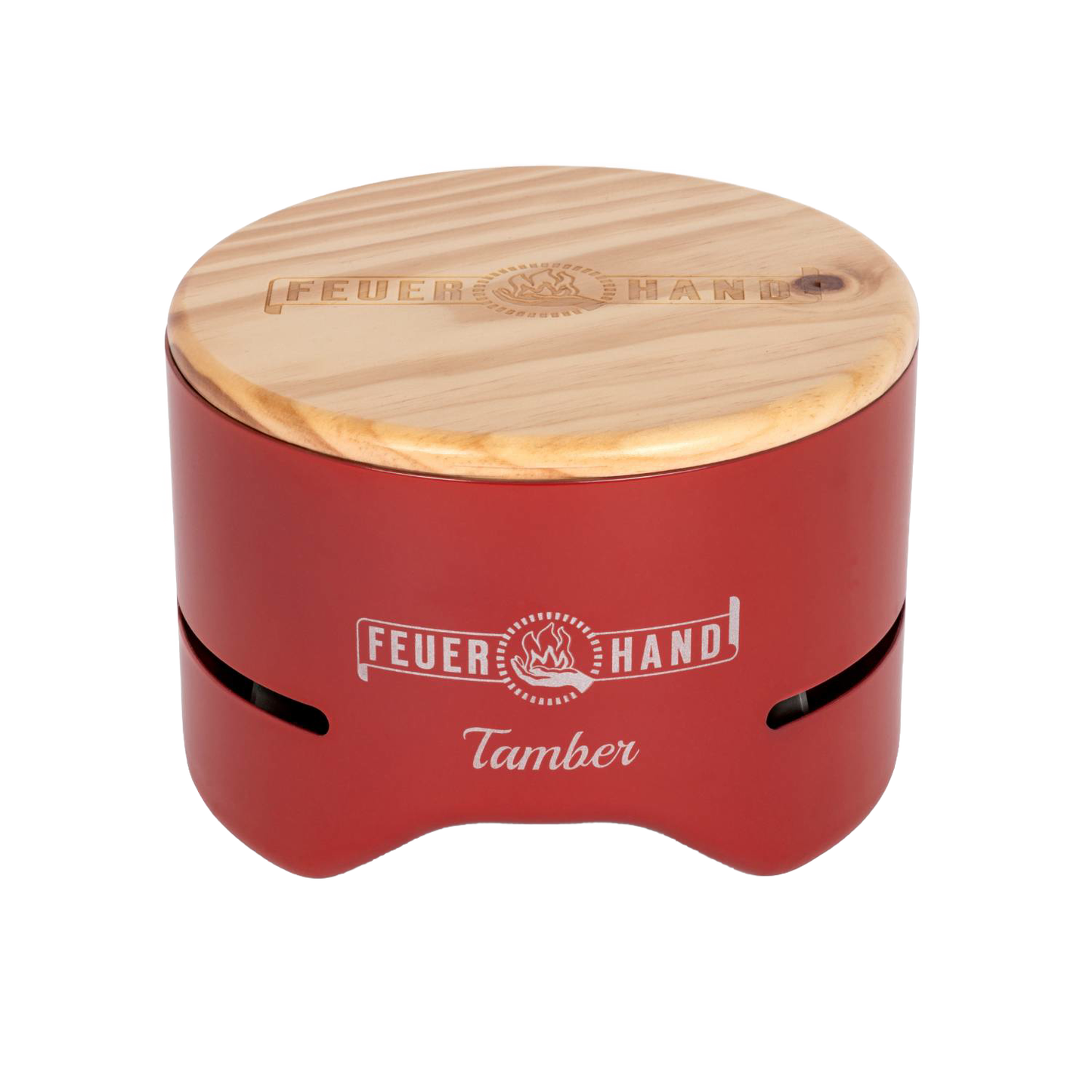 Handcrafted unique red tabletop charcoal grill with removable wooden lid featuring embossed logo, designed for Farm, Garden & Tool, Camping, Grilling, and Stoves collections.