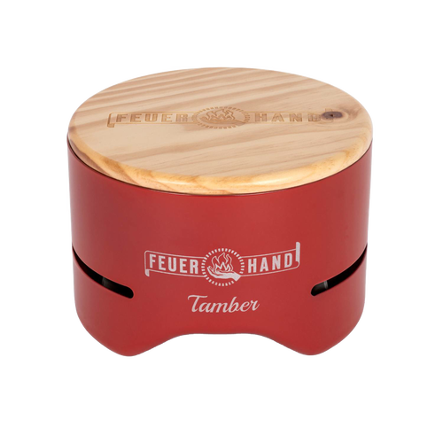 Handcrafted unique red tabletop charcoal grill with removable wooden lid featuring embossed logo, designed for Farm, Garden & Tool, Camping, Grilling, and Stoves collections.