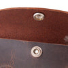 Close-up of a handcrafted full-grain leather sheath with snap closures, showcasing detailed stitching and durable material, made in USA, ideal for Farm, Garden & Tool and Knives & Axes collections.