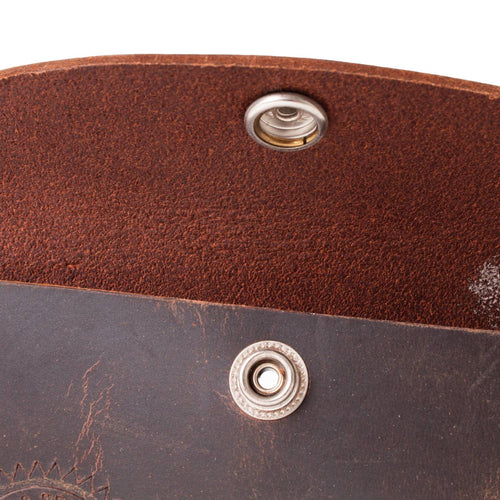 Close-up of a handcrafted full-grain leather sheath with snap closures, showcasing detailed stitching and durable material, made in USA, ideal for Farm, Garden & Tool and Knives & Axes collections.