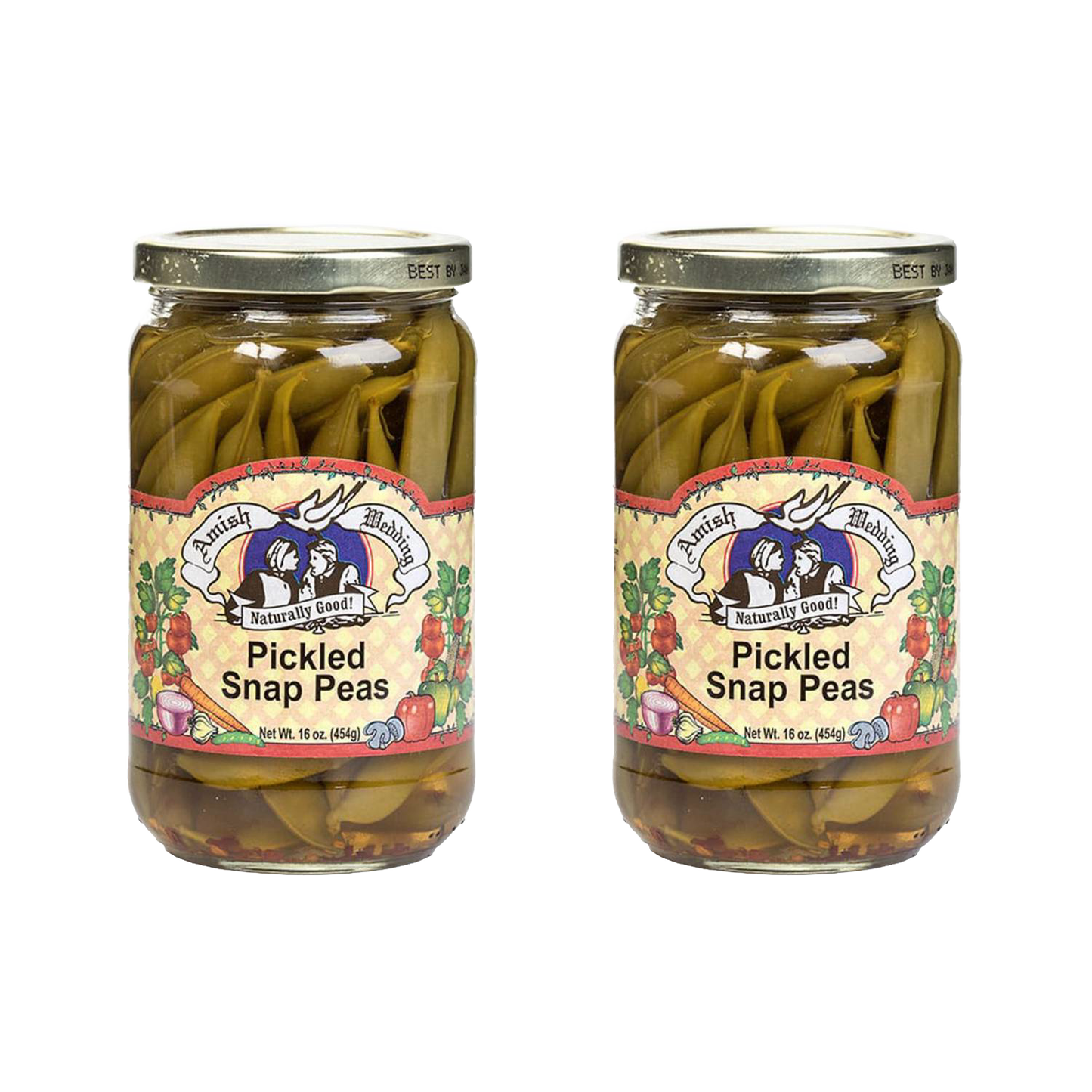 Two glass jars of handcrafted pickled snap peas with colorful vegetable-themed labels, made in the USA and featured in Kitchen & Food, Pantry, and Best Sellers collections.