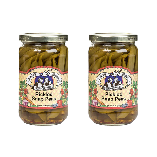 Two glass jars of handcrafted pickled snap peas with colorful vegetable-themed labels, made in the USA and featured in Kitchen & Food, Pantry, and Best Sellers collections.