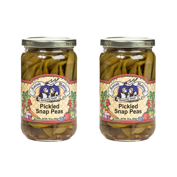Two glass jars of handcrafted pickled snap peas with colorful vegetable-themed labels, made in the USA and featured in Kitchen & Food, Pantry, and Best Sellers collections.