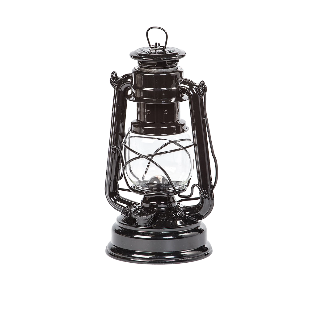 Classic black galvanized oil lantern with glass globe and metal handle, designed for camping, emergency lighting, and outdoor use, featured in lamps & lighting and best sellers collections.