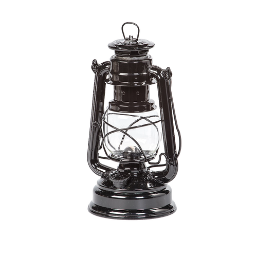 Classic black galvanized oil lantern with glass globe and metal handle, designed for camping, emergency lighting, and outdoor use, featured in lamps & lighting and best sellers collections.