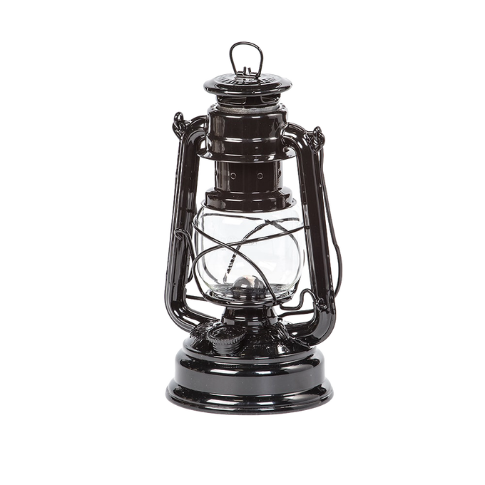 Classic black galvanized oil lantern with glass globe and metal handle, designed for camping, emergency lighting, and outdoor use, featured in lamps & lighting and best sellers collections.