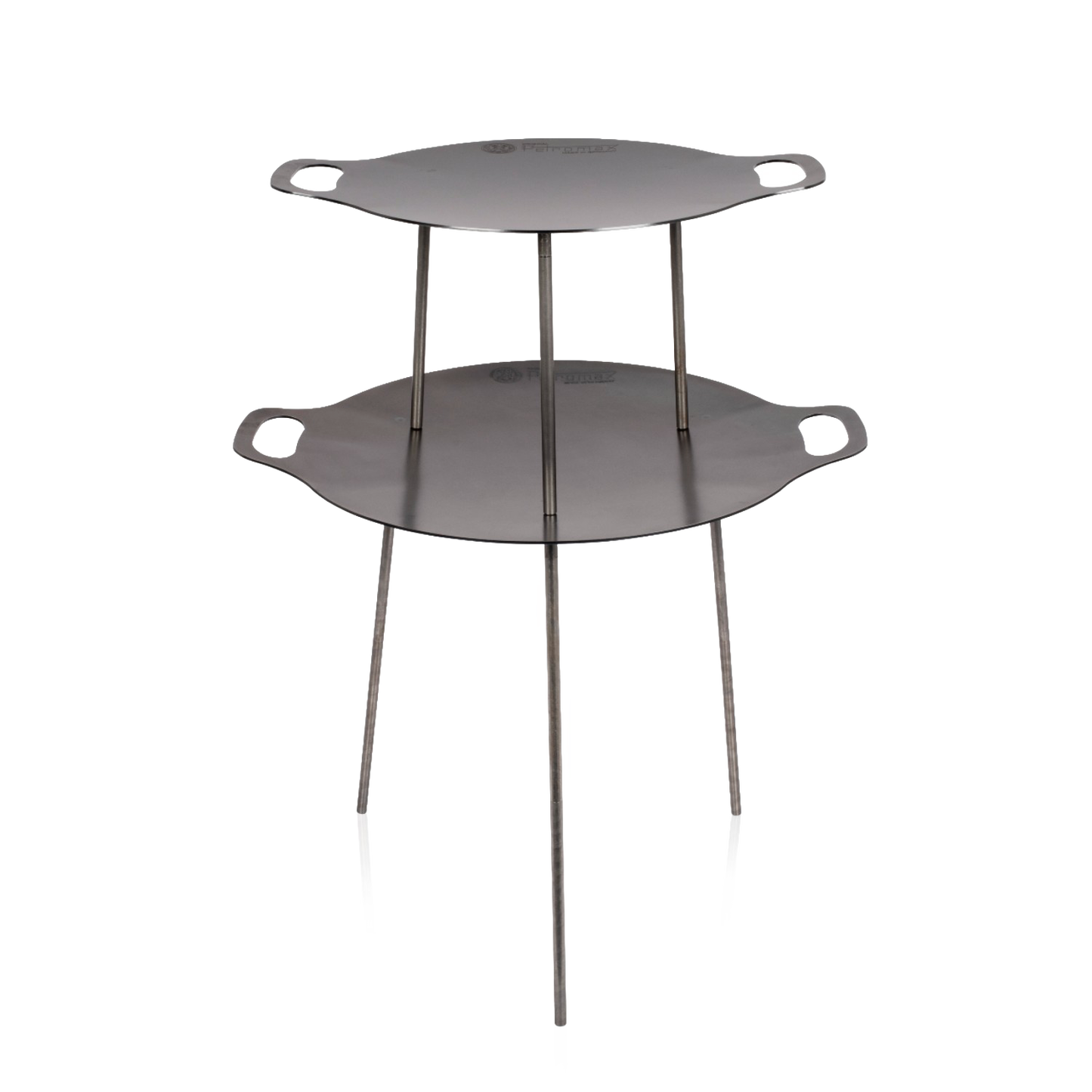Two-tier steel griddle and fire bowl with sturdy legs and built-in handles, crafted for versatile outdoor cooking in Farm, Garden & Tool, Camping, Best Sellers, and Promo Eligible collections.