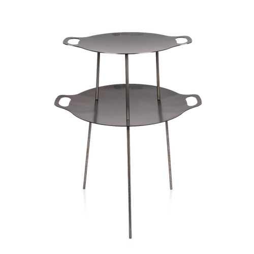 Two-tier steel griddle and fire bowl with sturdy legs and built-in handles, crafted for versatile outdoor cooking in Farm, Garden & Tool, Camping, Best Sellers, and Promo Eligible collections.