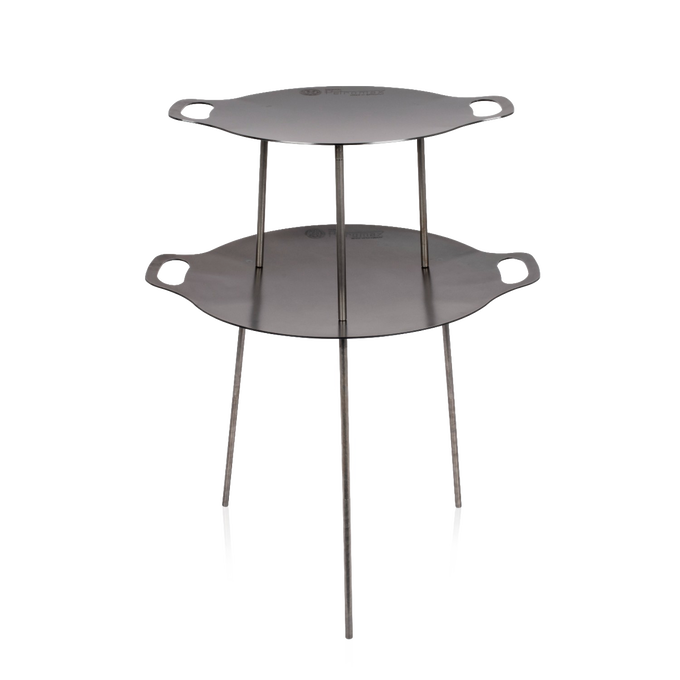 Two-tier steel griddle and fire bowl with sturdy legs and built-in handles, crafted for versatile outdoor cooking in Farm, Garden & Tool, Camping, Best Sellers, and Promo Eligible collections.