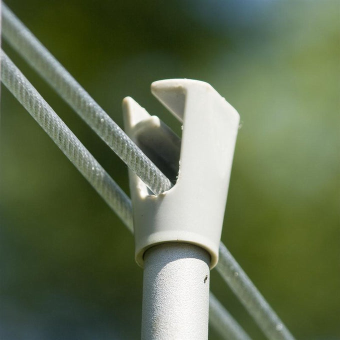 Weather-resistant steel clothesline prop with plastic end cap securing multiple drying lines, providing sturdy support for outdoor laundry setups in Home & Decor and Laundry Supplies collections.