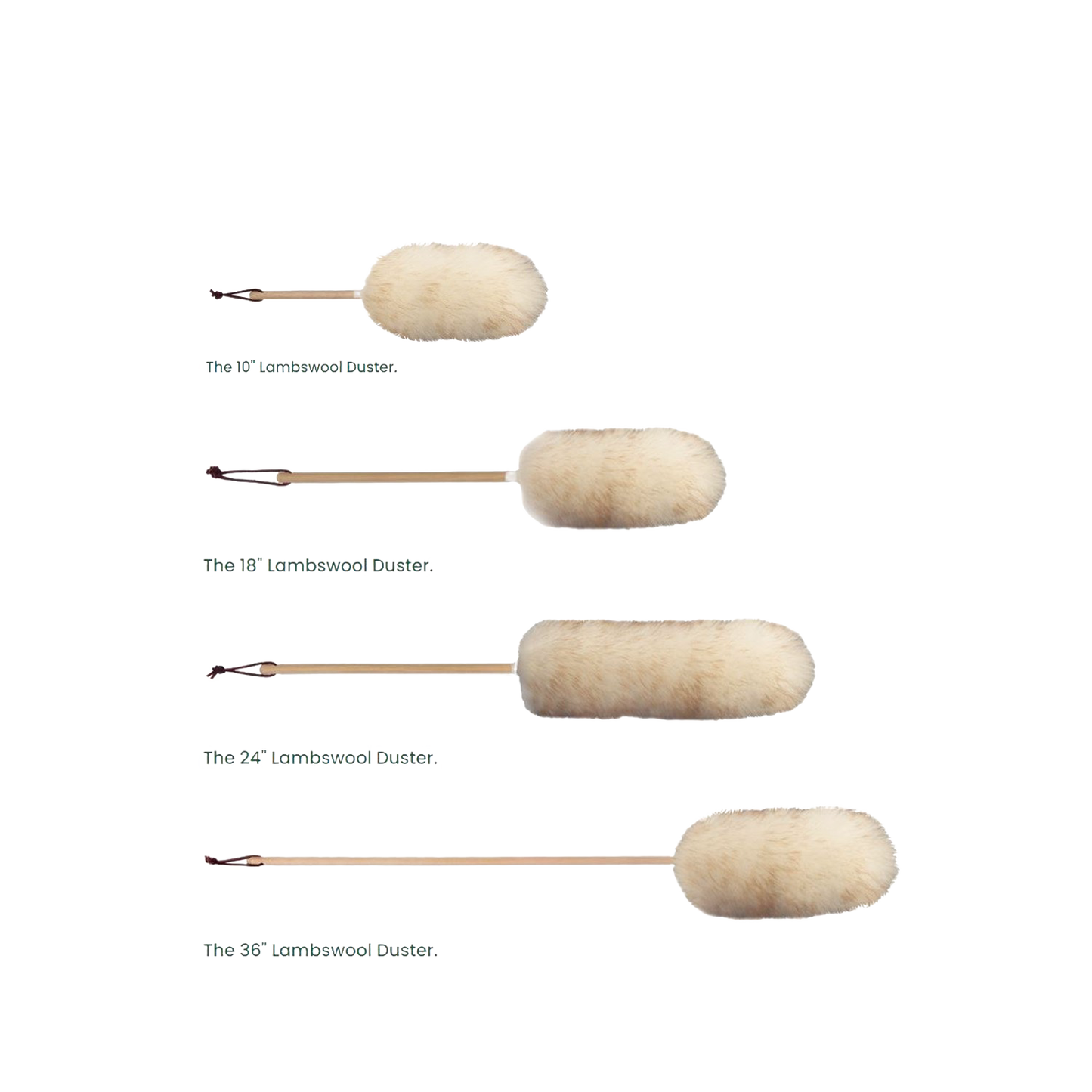 Set of four handcrafted lamb's wool dusters with natural wooden handles in various sizes, designed for gentle dusting on delicate surfaces, featured in Home & Decor, Household Cleaning, Cleaning Utensils and Gadgets, USA Made, Best Sellers, and Promo Eligible collections.
