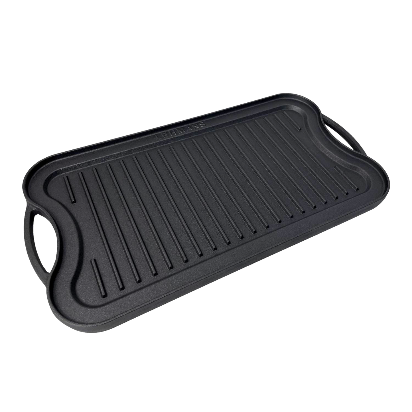 Handcrafted nitrogen hardened cast iron griddle with ribbed grilling surface and ergonomic handles, designed for durable use in Kitchen & Food, Cast Iron, Grilling, and Cookware collections.