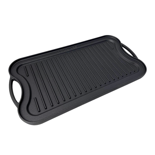 Handcrafted nitrogen hardened cast iron griddle with ribbed grilling surface and ergonomic handles, designed for durable use in Kitchen & Food, Cast Iron, Grilling, and Cookware collections.