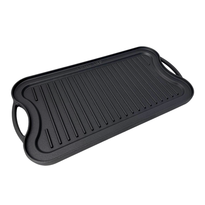 Handcrafted nitrogen hardened cast iron griddle with ribbed grilling surface and ergonomic handles, designed for durable use in Kitchen & Food, Cast Iron, Grilling, and Cookware collections.