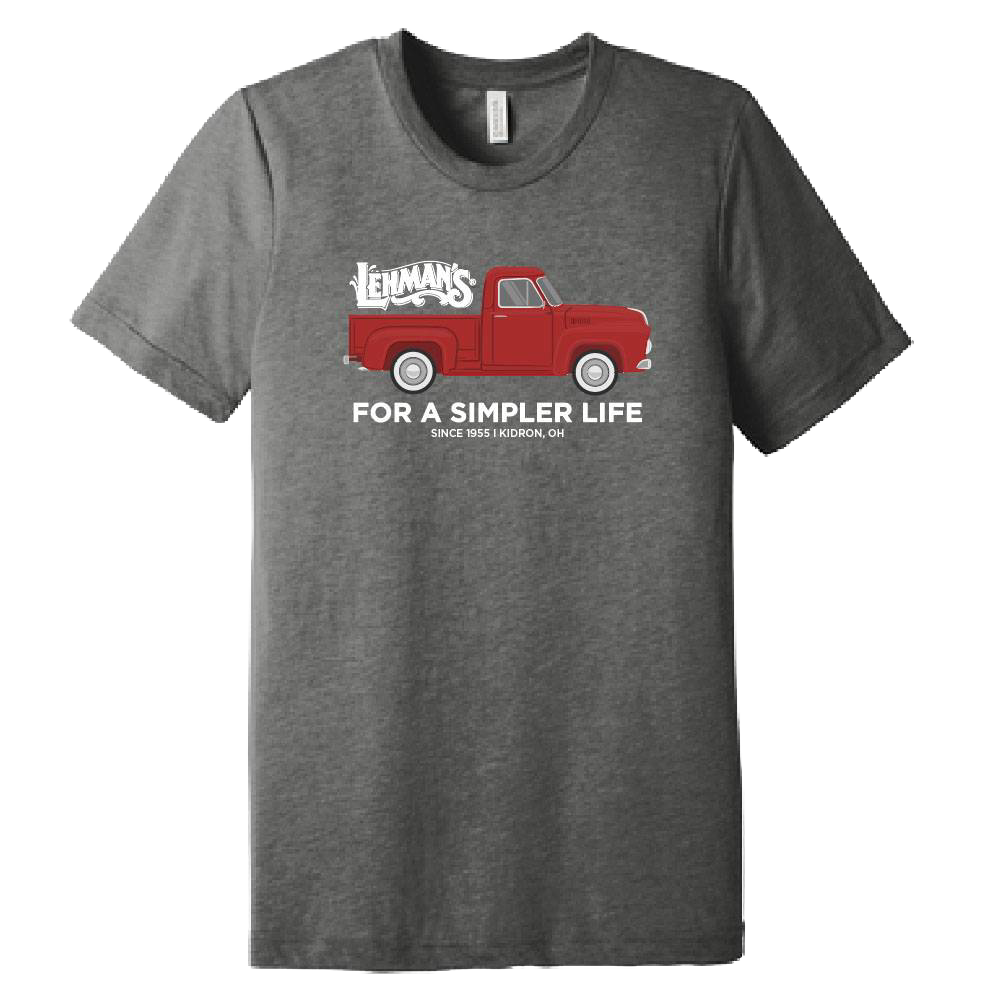 Adult light charcoal soft cotton t-shirt featuring a classic red truck graphic with "For a Simpler Life" text and Lehman's logo, part of Clothing and Accessories and Best Sellers collections.