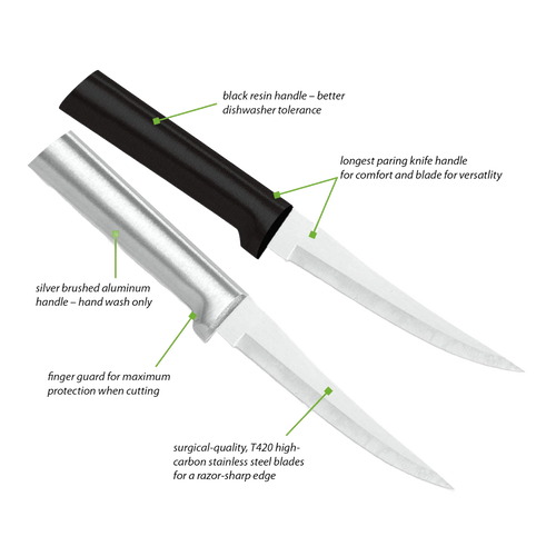 Pair of handcrafted Rada Super Parer knives featuring high carbon surgical stainless steel blades with one solid aluminum handle and one durable black handle, ideal for precise food prep in USA Made collections.