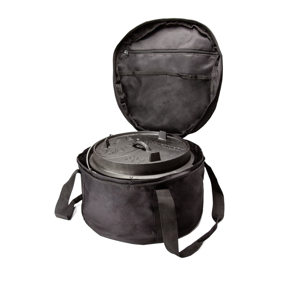 Open black ripstop fabric bag with mesh interior pocket holding a cast iron Dutch oven, designed for sturdy, safe transport and storage in Farm, Garden & Tool, Camping, and Best Sellers collections.