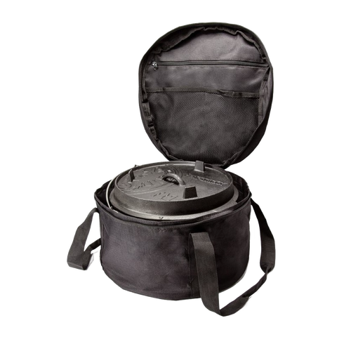 Open black ripstop fabric bag with mesh interior pocket holding a cast iron Dutch oven, designed for sturdy, safe transport and storage in Farm, Garden & Tool, Camping, and Best Sellers collections.