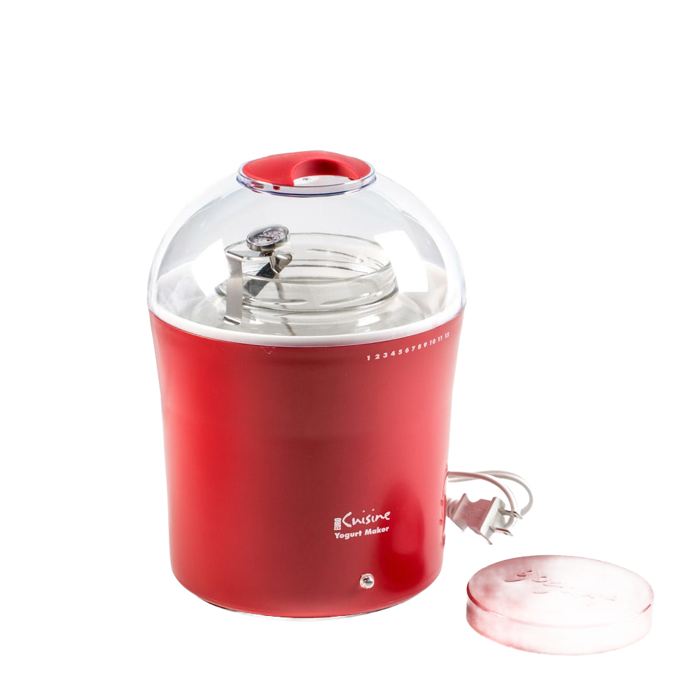 Red electric yogurt maker with clear dome lid, metal jar and thermometer inside, featuring a removable matching red lid, part of Kitchen & Food and Specialty Equipment collections.
