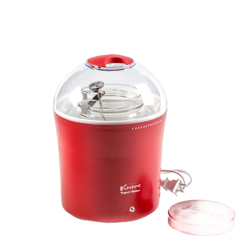 Red electric yogurt maker with clear dome lid, metal jar and thermometer inside, featuring a removable matching red lid, part of Kitchen & Food and Specialty Equipment collections.