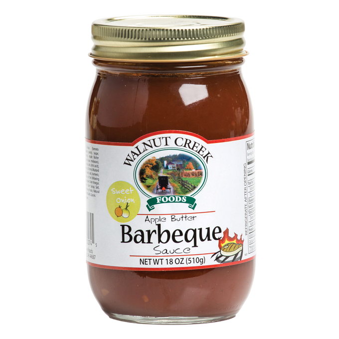 Glass jar of handcrafted sweet onion apple butter barbeque sauce with metal lid, made in USA, ideal for Farm, Garden & Tool, Kitchen & Food, Apple Harvest Supplies, Food, Pantry, USA Made, Best Sellers, and Promo Eligible collections.