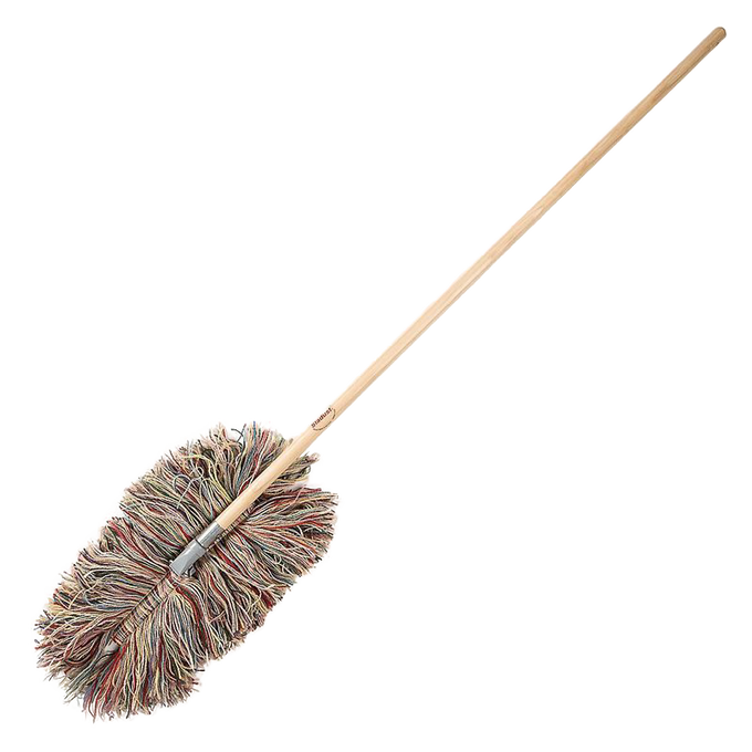Handcrafted Big Wooly Dust Mop with a removable multicolored wool head and wooden handle, ideal for natural dusting in Home & Decor, Household Cleaning, and USA Made collections.
