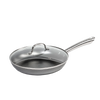 Handcrafted nitrogen hardened cast iron skillet with a smooth stainless steel handle and clear glass lid, designed for Kitchen & Food, Cookware, Cast Iron, and Best Sellers collections.