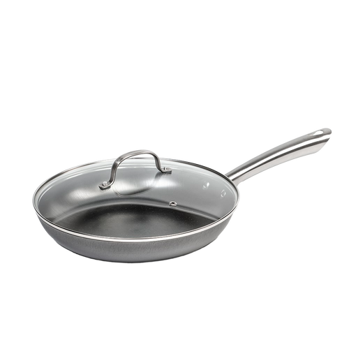 Handcrafted nitrogen hardened cast iron skillet with a smooth stainless steel handle and clear glass lid, designed for Kitchen & Food, Cookware, Cast Iron, and Best Sellers collections.