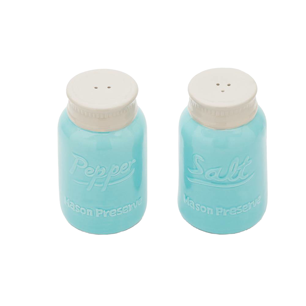 Handcrafted ceramic salt and pepper shaker set with a vibrant blue mason jar design, featuring white lids, ideal for Kitchen & Food, Dinnerware, and Kitchen Accessories collections.