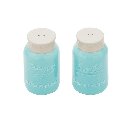 Handcrafted ceramic salt and pepper shaker set with a vibrant blue mason jar design, featuring white lids, ideal for Kitchen & Food, Dinnerware, and Kitchen Accessories collections.