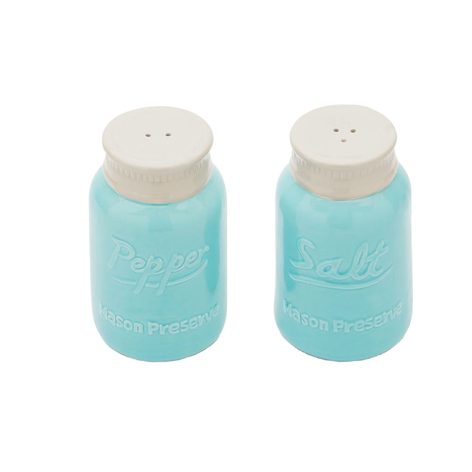 Handcrafted ceramic salt and pepper shaker set with a vibrant blue mason jar design, featuring white lids, ideal for Kitchen & Food, Dinnerware, and Kitchen Accessories collections.