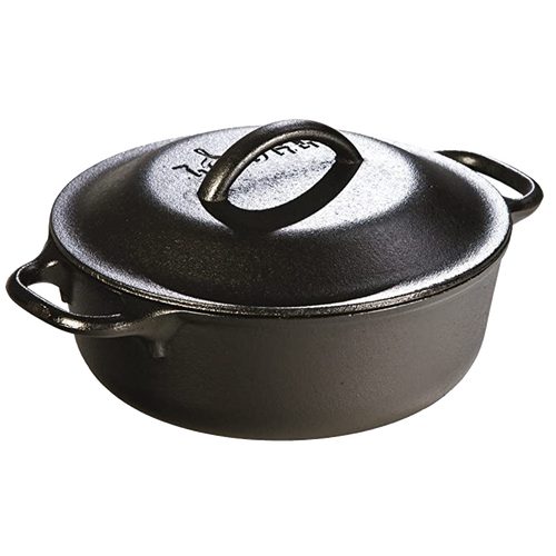 Handcrafted Lodge cast iron Dutch oven with sturdy handles and embossed lid, made in USA for exceptional heat retention and durability; ideal for Kitchen & Food, Cookware, Cast Iron, Best Sellers, and Promo Eligible collections.