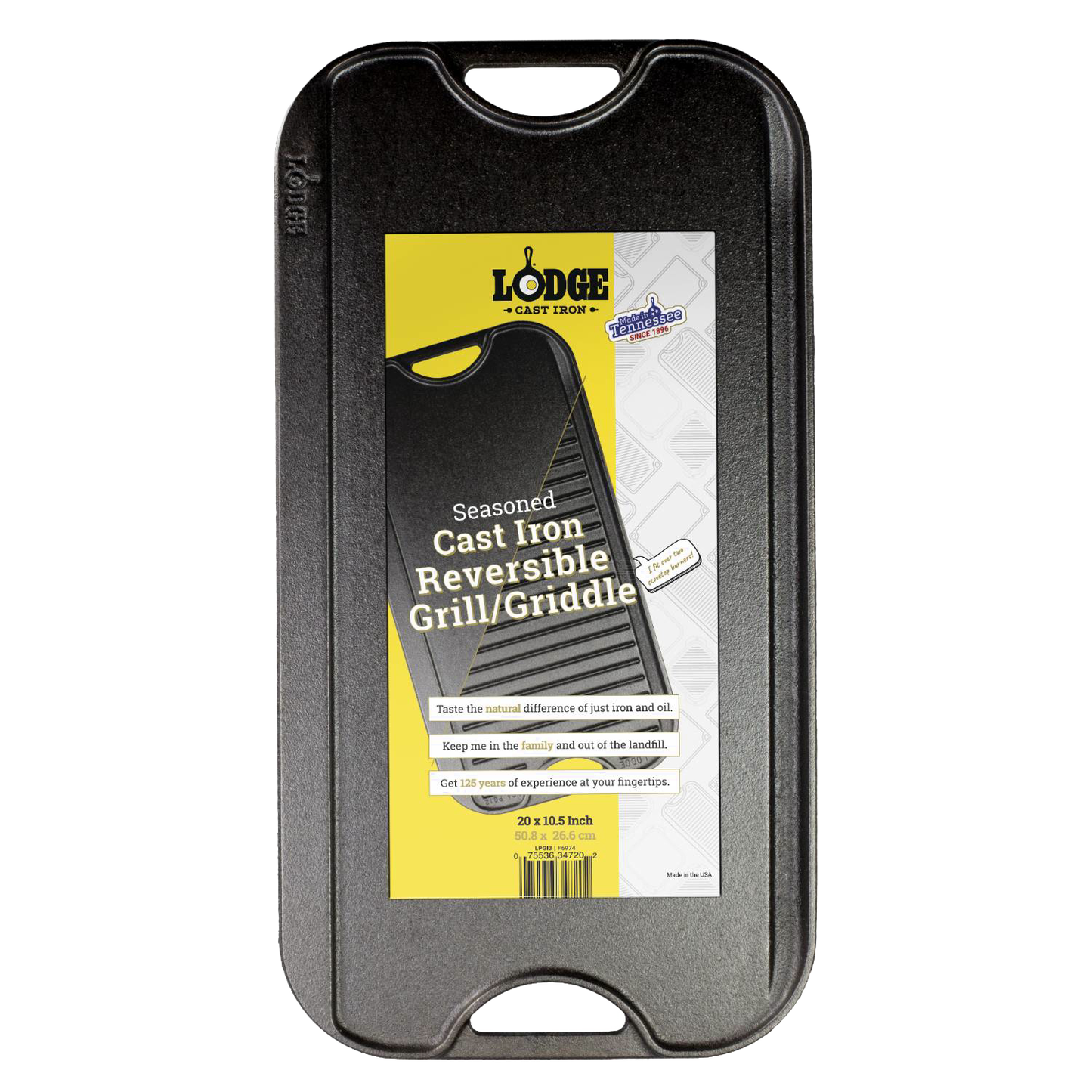 Pre-seasoned cast iron griddle with a reversible flat and ribbed surface, featuring handles for easy use, crafted in USA and part of Kitchen & Food, Cast Iron, and Best Sellers collections.