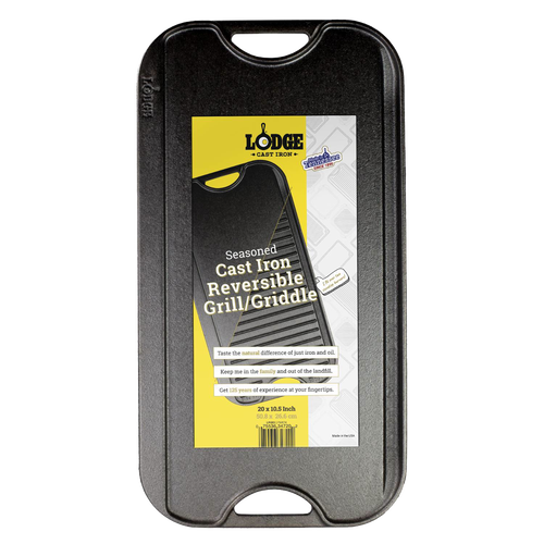 Pre-seasoned cast iron griddle with a reversible flat and ribbed surface, featuring handles for easy use, crafted in USA and part of Kitchen & Food, Cast Iron, and Best Sellers collections.